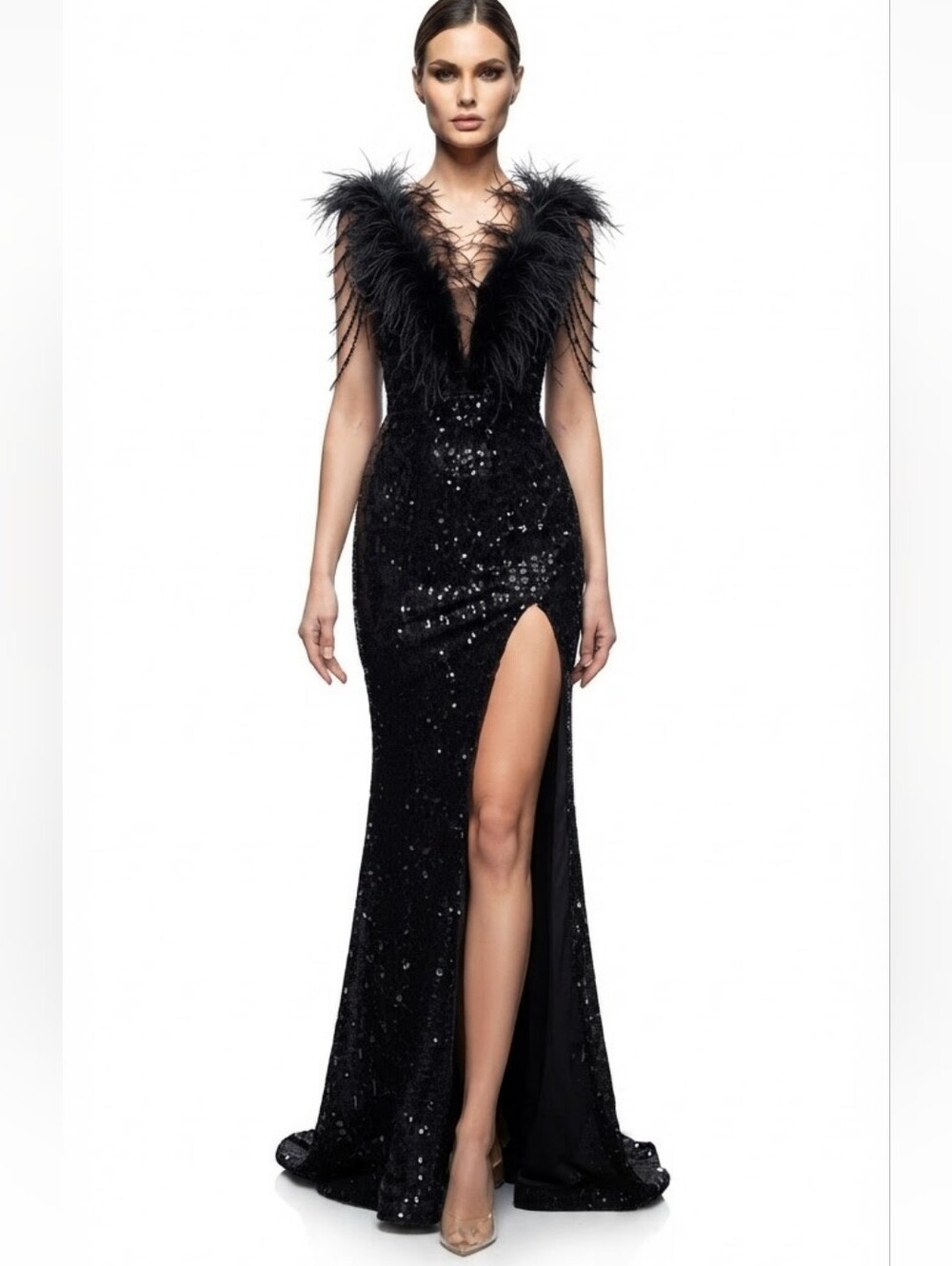 Black, Geo Print, Ostrich Feather V Neck, Beaded Sleeves, Sequined Mermaid Gown